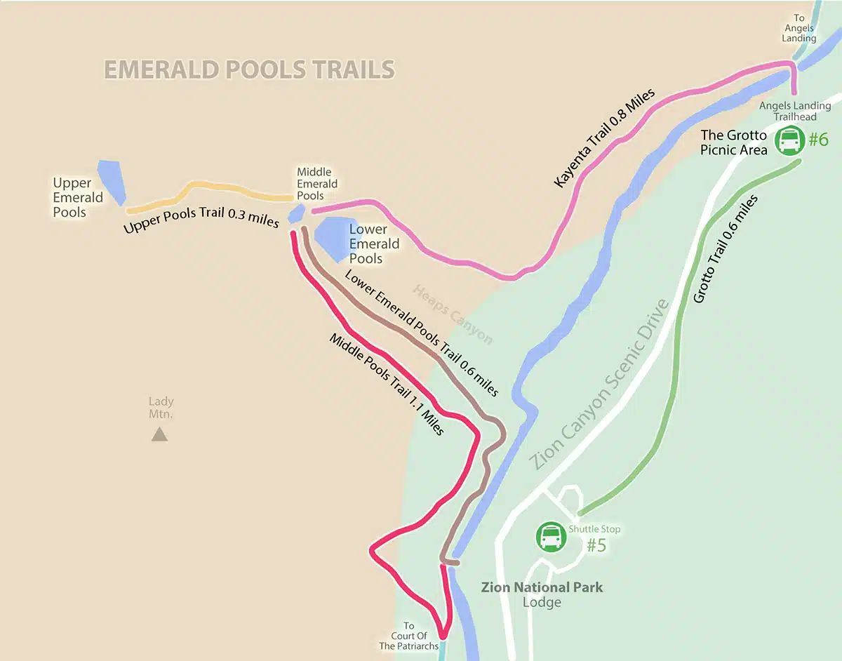 Emerald Pools, Grotto, Kayenta Trails Map