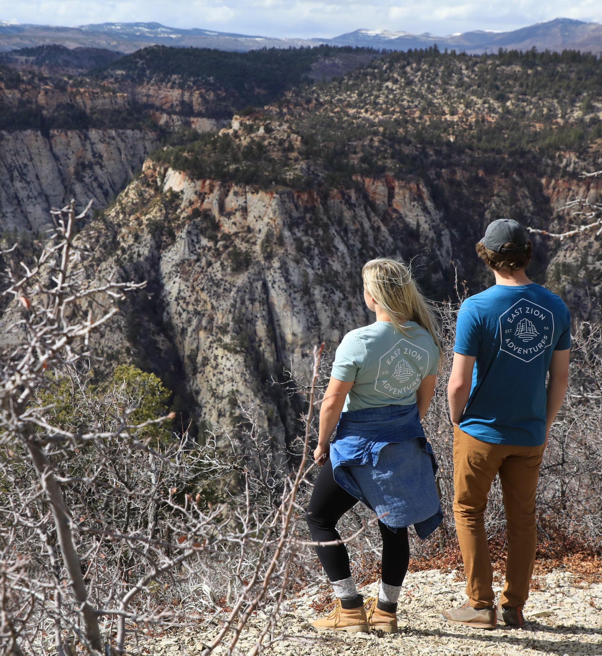 East Zion Adventure Logo on Englestead Shirts featuring Jo, Sam, and Vert.