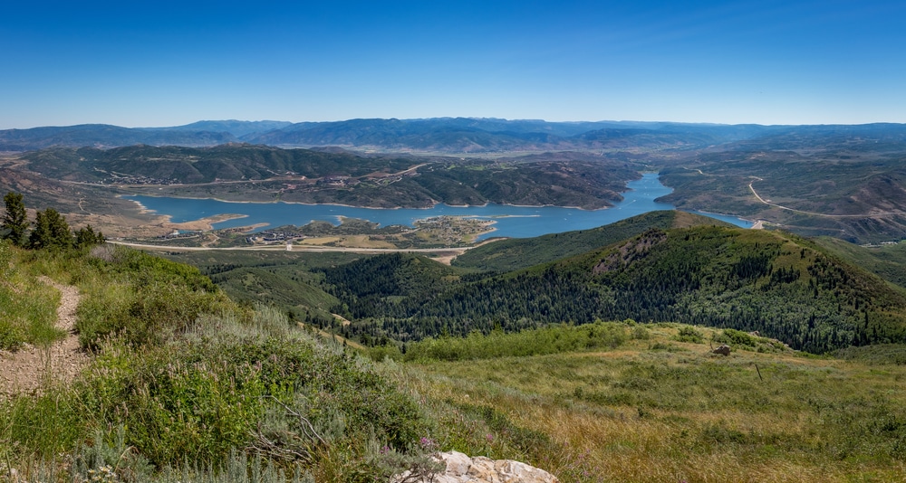 View of a lush green valley with mountains and a clear blue sky.