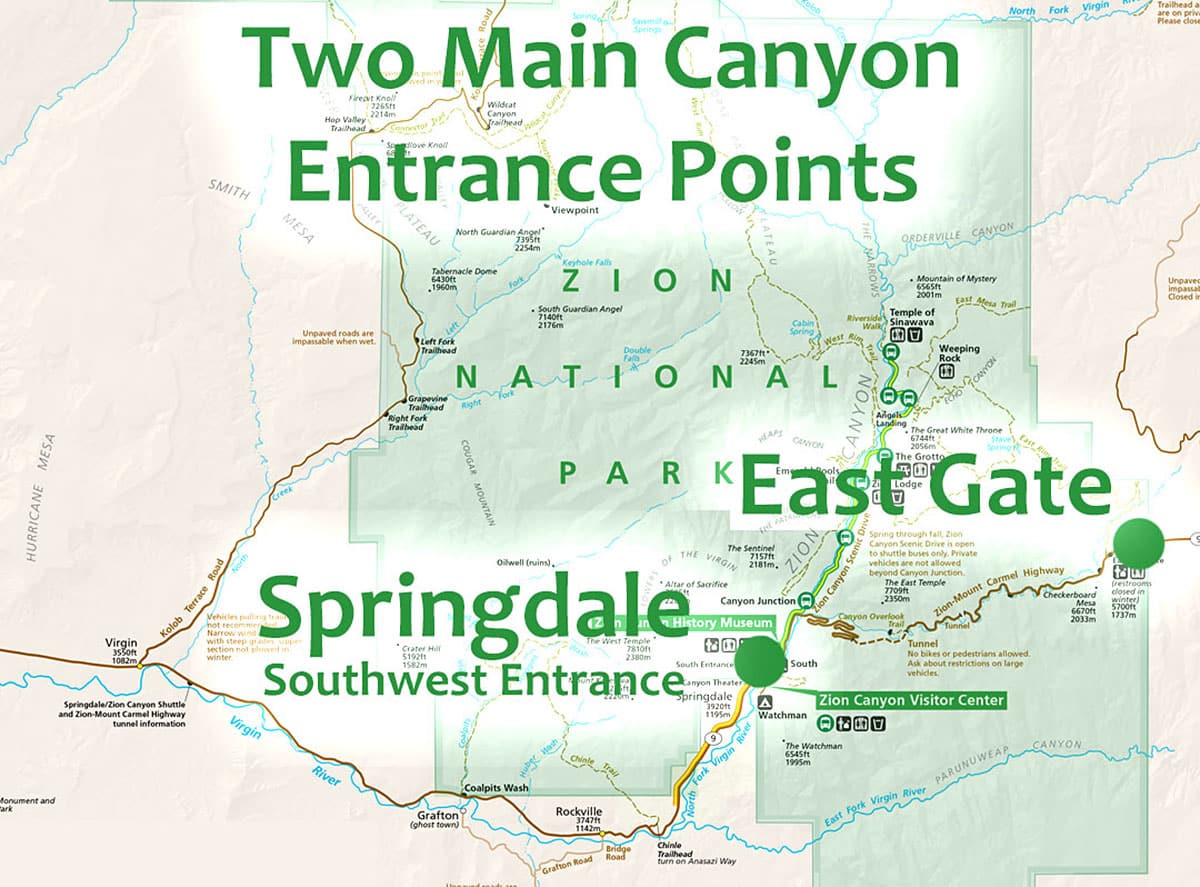 Map of Entrance points to Zion National Park.