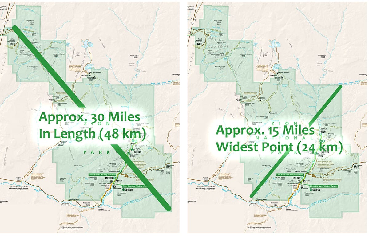 Map of Zion National Park showing its size and boundaries.