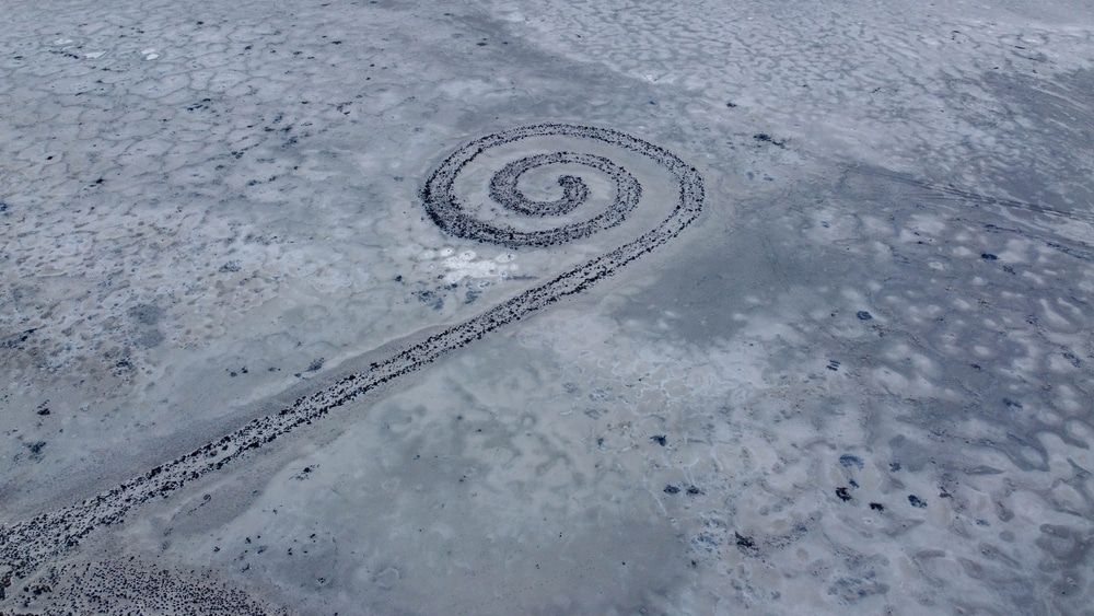 Jetty forming a spiral shape in the Great Salt Lake, Utah.