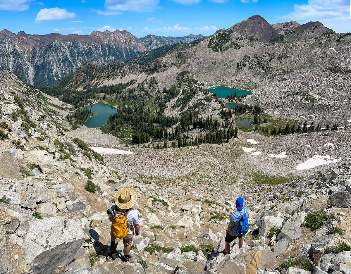 View of Pfeiferhorn from Red Pine Lake hiking trail in Utah.